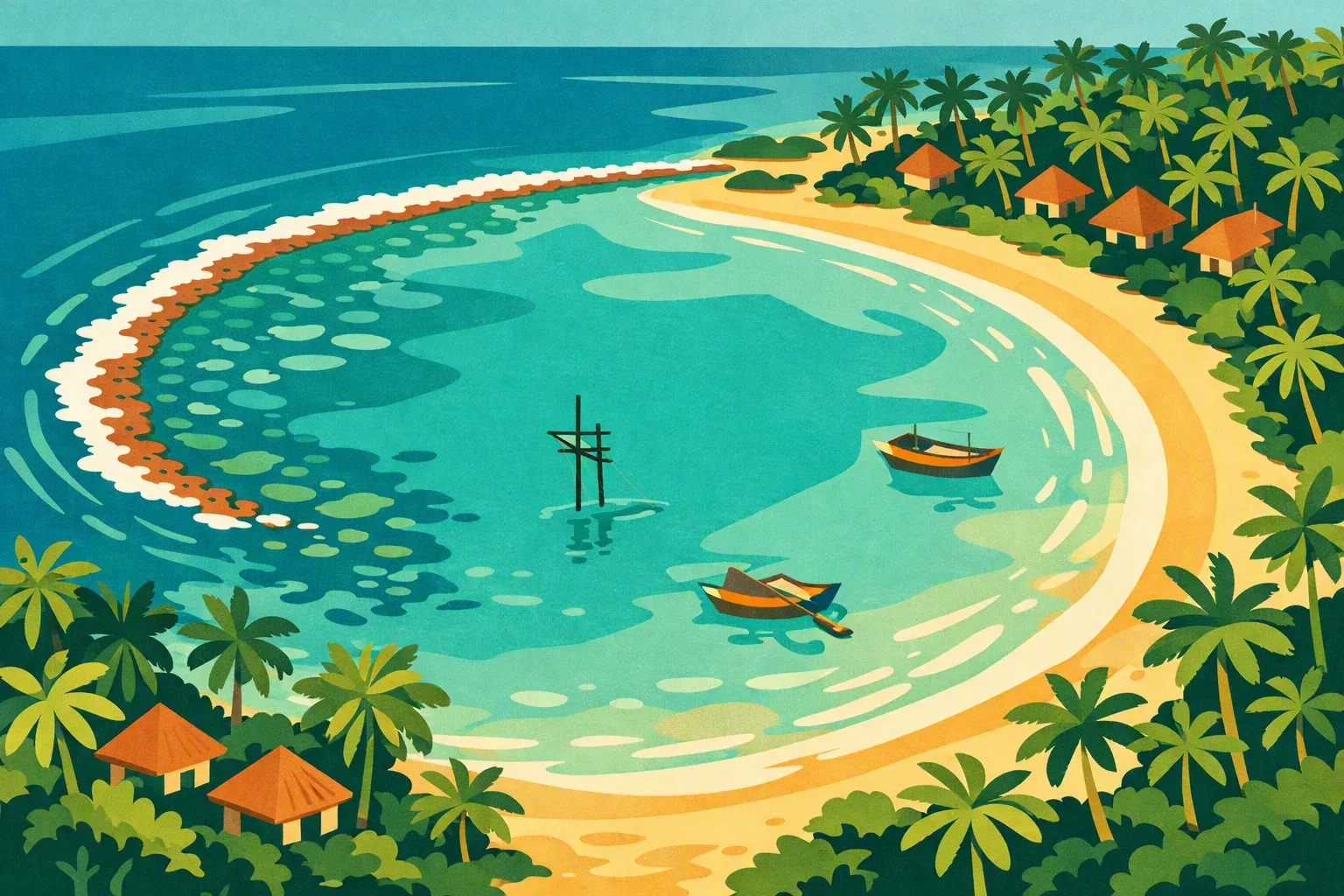 Vue aérienne d&rsquo;une baie tropicale en croissant, eaux turquoise, récif corallien, cocoteraies et barques de pêche