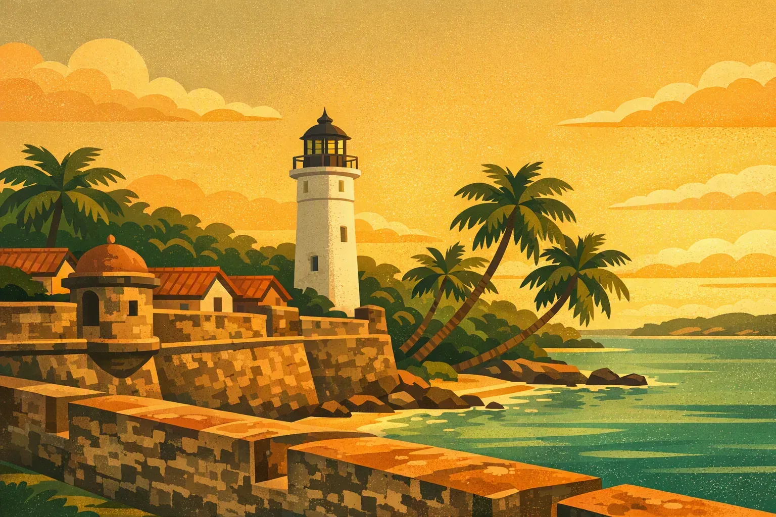 Les remparts du fort de Galle au coucher du soleil, avec le phare blanc et les cocotiers penchés sur l&rsquo;océan